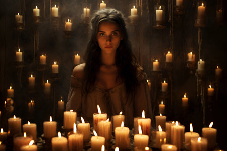 young woman among many burning candles at night on Day of the Little Candles dia de las velitas traditional colombian holidayの素材