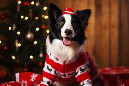 happy black white border collie dog in red festive suit next to Christmas tree and gifts Greeting card New Year holidays backgroundの素材