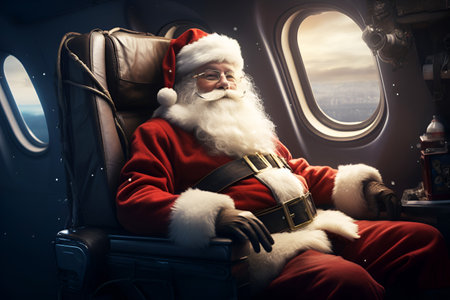 Santa Claus sitting in an airplane chair Flying for the Christmas holidaysの素材