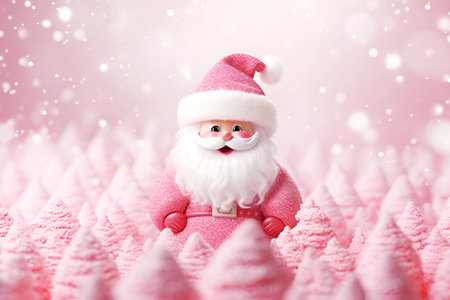 Christmas pink background with santa claus figurine among pink white fir trees and snowflakes greeting card poster designの素材