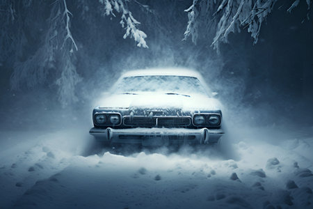 retro blue car standing in snowdrifts in a snow storm against forest winter weatherの素材