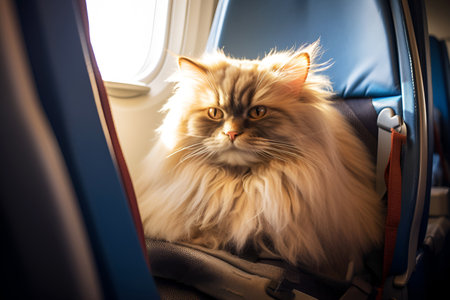 big fluffy ginger Persian cat sitting on airplane seat, traveling and flying with pets conceptの素材