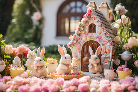 decorated house with charming Easter bunny figurines, blooming flowers and colored eggsの素材