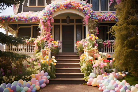 decorated house featuring Easter painted eggs, vibrant flowers, and holiday decor Perfect for creating Happy Easter greeting cardの素材