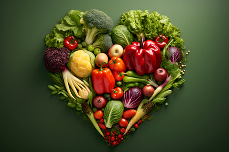 various fresh vegetables laid out in heart shape on green background vegan and vegetarian healthy eating Plant based dietの素材