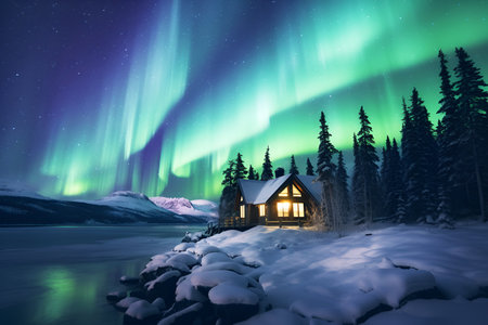 bright colored night sky and a house on the shore of an icy lake near a winter snowy forest, landscape beauty of natureの素材