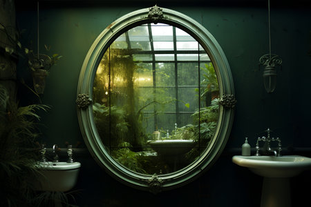 old vintage green bathroom mirrors with reflection of plants and two sinksの素材