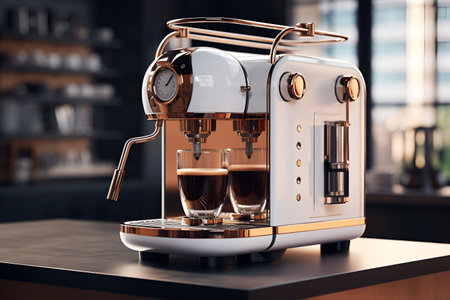 modern stylish white coffee machine with glass cup of Americano coffee break, home baristaの素材
