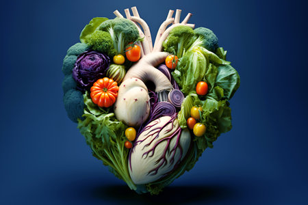 concept of healthy heart and prevention of diseases of the cardiovascular system green vegetables laid out in shape of heart on blue background plant based dietの素材