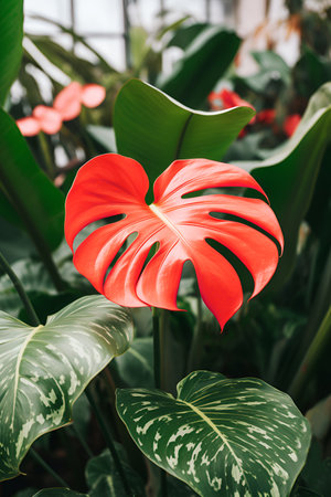 red leaf Monstera deliciosa plant close up in greenhouse botanical background home potted plants gardeningの素材