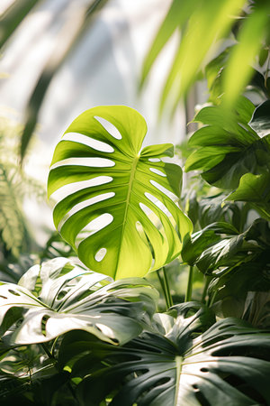 young green monstera deliciosa plant leaf close up in sunlight in greenhouse botanical background home potted plantsの素材