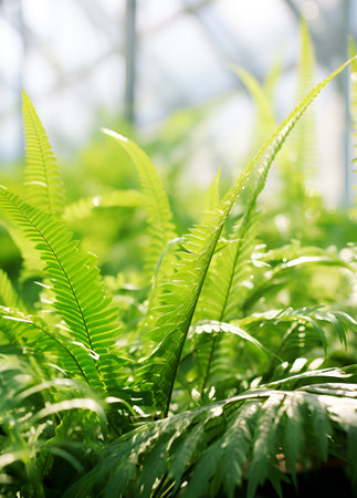 fern Nephrolepis exaltata leaves close up in sunlight in greenhouse botanical background home potted plantsの素材
