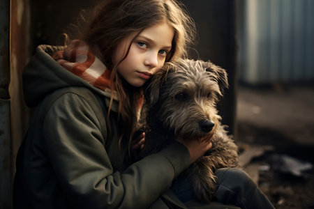 cute teenage girl cuddling mongrel or mixed breed bearded sad gray dog at Backyard Animal Rescue and pets Adoptionの素材