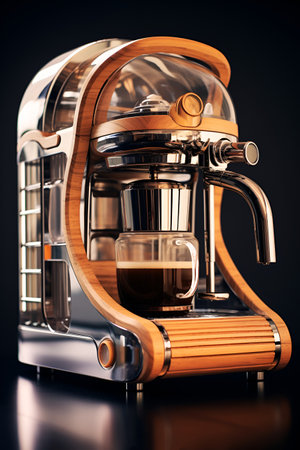 coffee machine with wooden details of modern eco design for preparing Americano coffee and cappuccino at home or in a coffee shopの素材