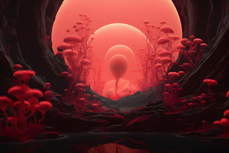 Abstract image in red and black colors with the concept of ripening ovum and ovulationの素材