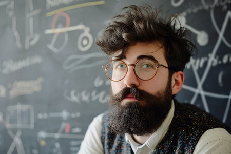 Portrait of a bearded male scientist with glasses and disheveled dark hair or a teacher against a blackboard with formulas Science and Learningの素材