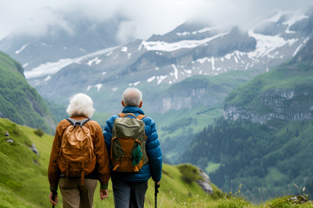 Back view of an elderly gray-haired man and an elderly woman backpacking hiking in the mountains Active healthy lifestyle seniors copy spaceの素材