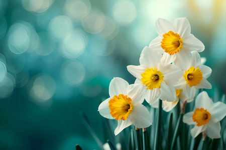White yellow daffodil flowers blooming on natural blue green blurred background Spring greeting card copy spaceの素材