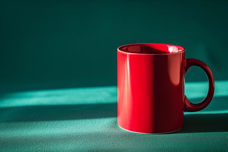 red mug against a blue green wall in sunlight with hard shadows Turquoise background copy space mockup friendlyの素材