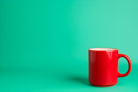 red ceramic mug on mint green background with copy space cup for hot drinks coffee or tee Mockup Friendlyの素材