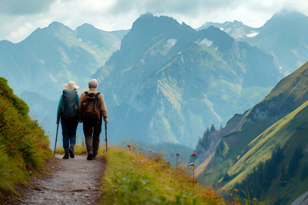 An elderly couple with backpacks walking on mountain hike Active seniors Hiking and tourism in the mountains Copy space Landscapeの素材