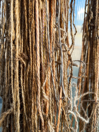 detailed view of natural fiber threads hanging close together, showing their varied textures and colors under sunlight. Highlights the organic and rustic appeal of raw fibersの写真素材