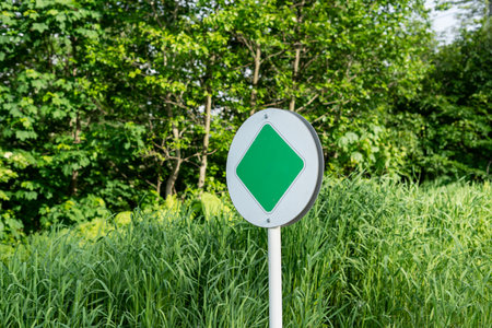 Minimal road sign in lush green environment, symbol standing among tall grass and trees, nature conservation area or eco-friendly route, concept of environmental awareness and sustainable travelの写真素材