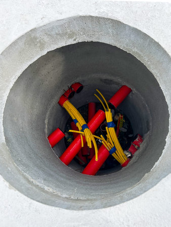 Inside a circular concrete structure, vibrant red and yellow electrical wires are coiled together,...