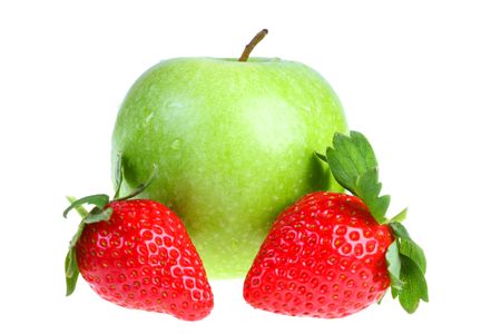 big green apple and strawberry. It is isolated. White background.の写真素材