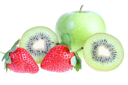 big green apple , kiwi and strawberry. It is isolated. White background.の写真素材