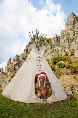 North American Indian in full dress. Reconstructionの写真素材