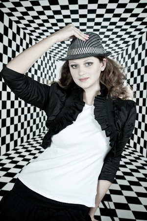 sexy girl on a black-and-white checkered backgroundの写真素材