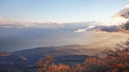 Crimea. The beautiful top view on mountains and the seaの写真素材