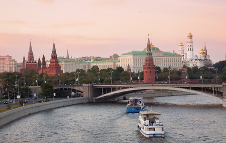 Russia, Moscow, night view of the Moskva River, Bridge and the Kremlinの写真素材