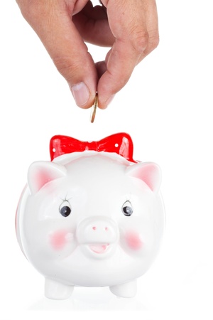 female hand lowers a coin in a pig-coin boxの写真素材