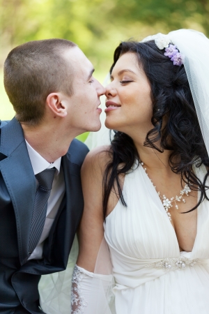 Kiss of the groom and the bride on wedding picnicの写真素材