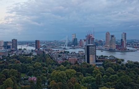 View of Rotterdam from height of bird's flight at nightの写真素材