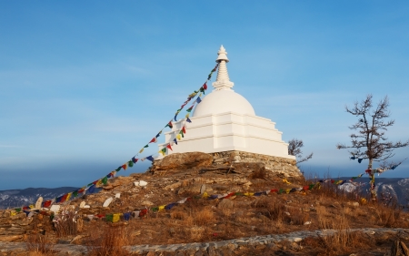 Buddhist mortar on the island Ogoy on Lake Baikal in Russiaの写真素材