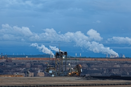 Bucket-wheel excavator in an open pit. landscape with extractive industry の写真素材