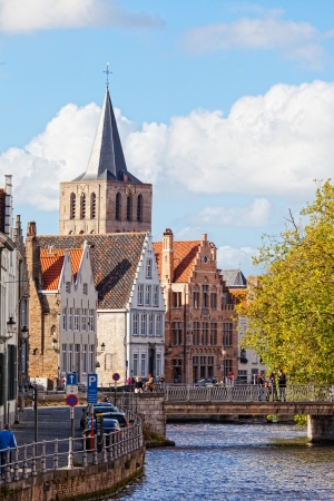 Classic view of channels of Bruges  Belgium  Medieval fairytale city  Summer urbanのeditorial素材