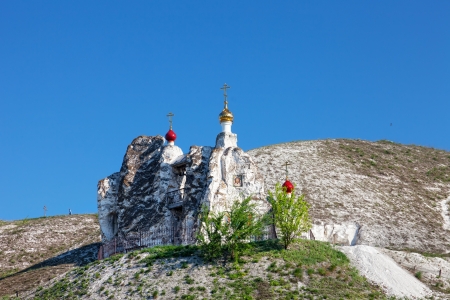 Belltower of a cave monastery in Kostomarovo, Russiaの写真素材