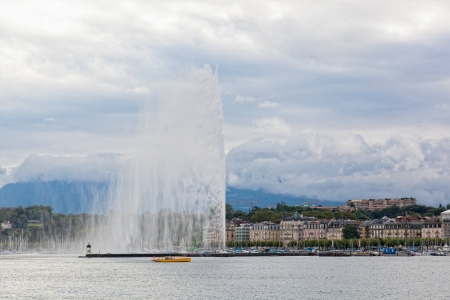 Panoramic view of city of Geneva, the Leman Lake and the Water Jet, in Switzerland, Europeの写真素材
