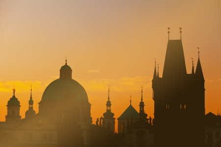 Sunrise on Charles bridge in Prague, the Czech Republicの写真素材