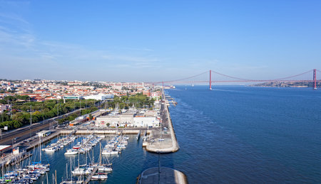 top view on yachts and the bridge 25 Arpels in Lisbon, Portugalの写真素材