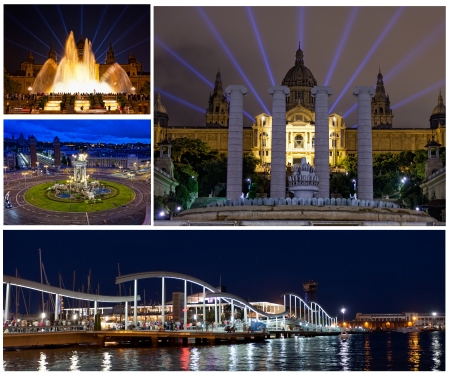 Set of photos with views of night Barcelona, Spainの写真素材