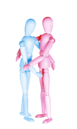 blue and red wooden dummies representing traditional heterosexual coupleの写真素材