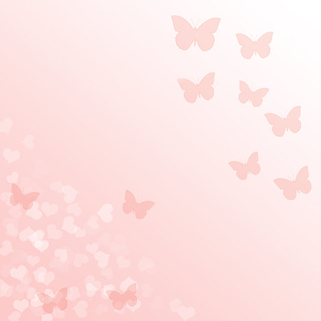 Pink gradient background with butterflies and heartsの写真素材