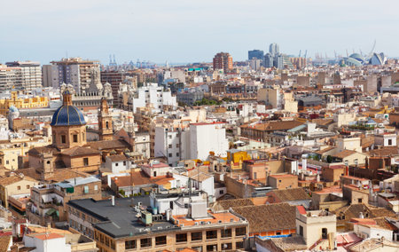 View of the historical center of Valencia from an observation deck of the Cathedral, Spainの写真素材