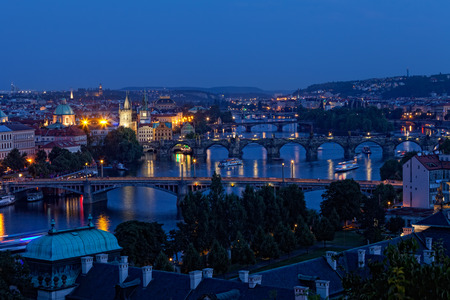 View of Prague at night: river Vltava and bridgesの写真素材