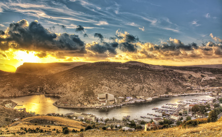 View of Balaklava and Balaklava Bay on a sunset, the Crimeaの写真素材